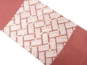 本絞り　桧垣に桜・笹模様　刺繍　開き名古屋帯（額縁仕立て）